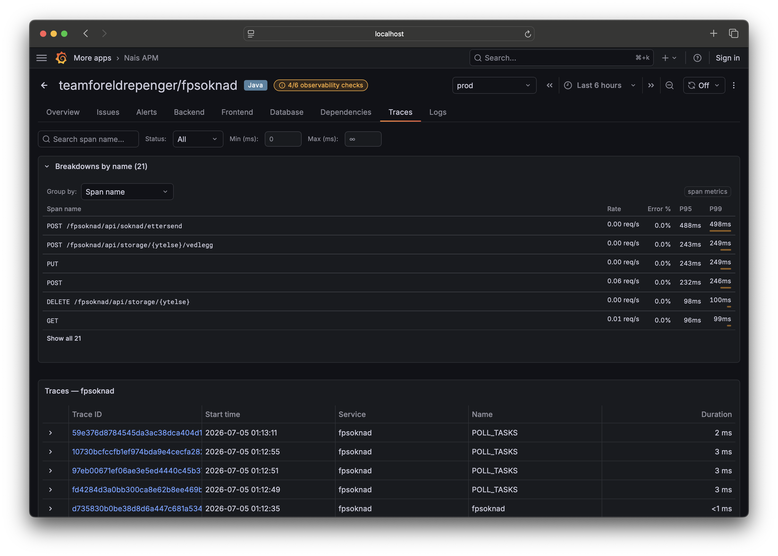 Nais APM Traces tab — span breakdowns and the trace list